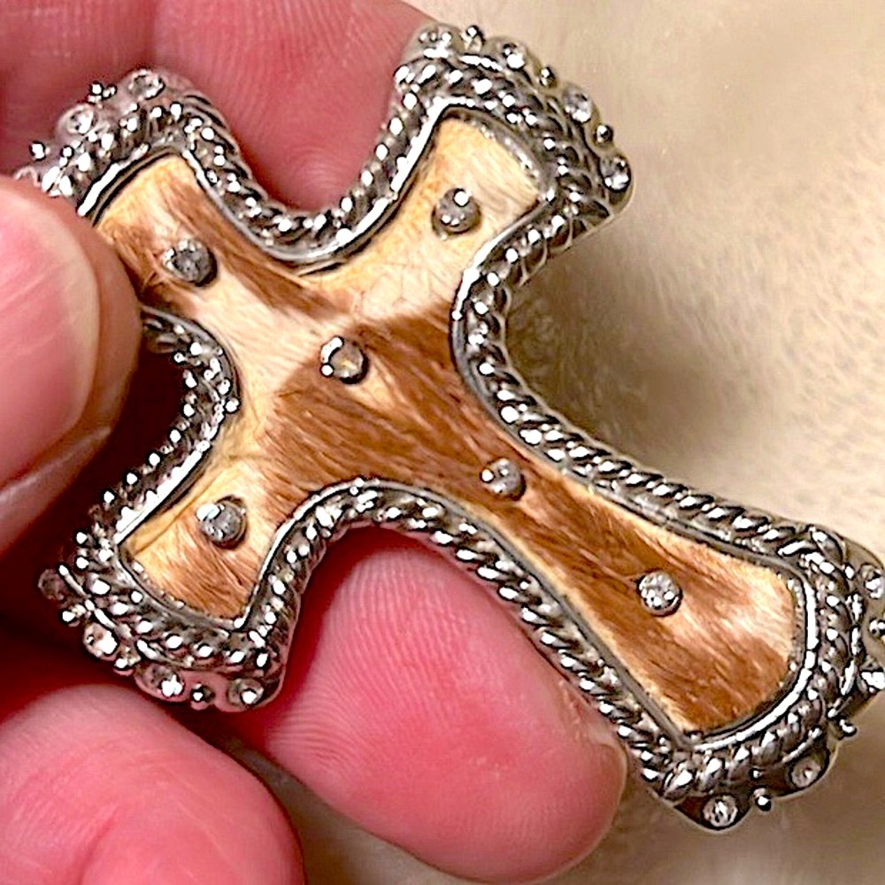 ✝️ GENUINE COWHIDE RHINESTONE STAINLESS STEEL CROSS CLIP SLIDE NECKLACE PENDANT - Picture 3 of 11